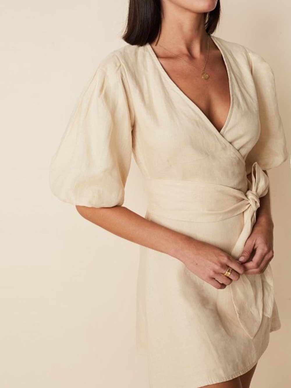 NWT Faithfull the Brand Godiva Linen Wrap Dress in Plain Sand Tan US 6